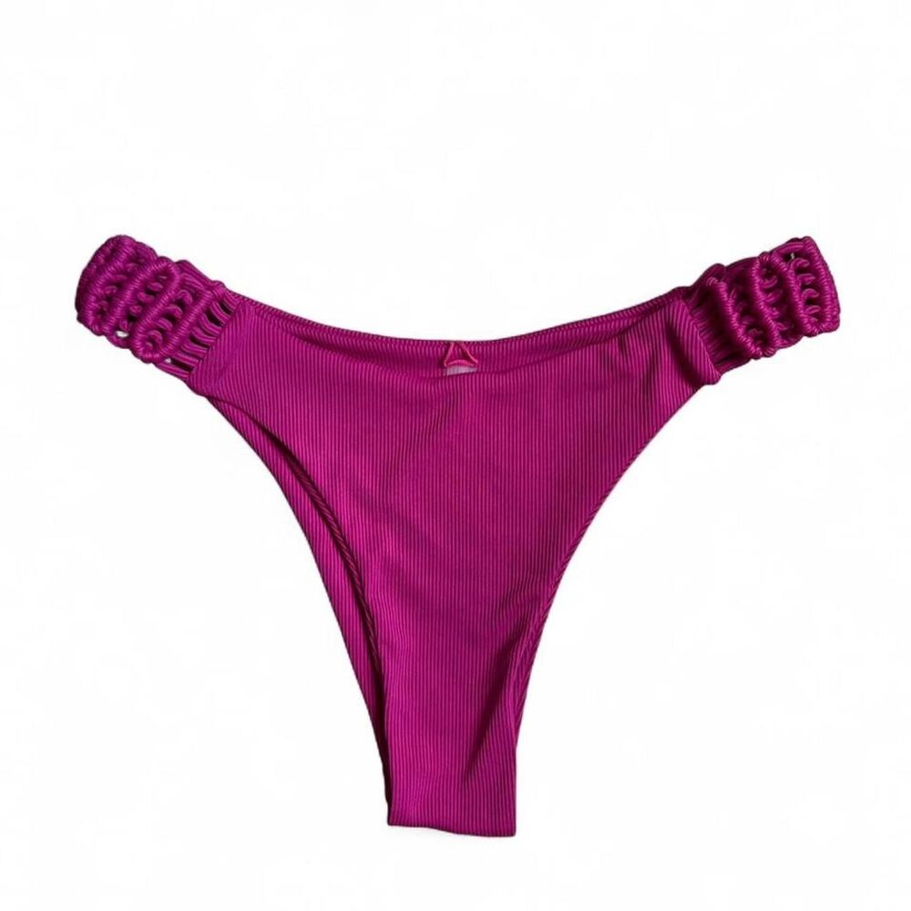 Fuchsia Ribbed Bikini Bottoms Macrame Side Cutout Swimwear Large